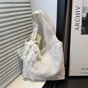 Women Korean Lace Tote Bag Floral Embroidered Bow Shoulder Bag Casual Large Capacity Shopping Bag Student School Handbag