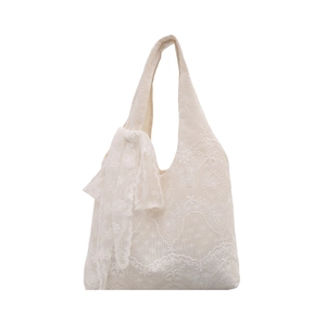 Elegant white lace floral tote bag for women with decorative romantic ribbon handles