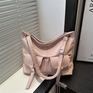 Women Large Capacity PU Leather Tote Bag Fashion Multi Pocket Shoulder Bag Urban Commute Minimalist Hobo Underarm Bag