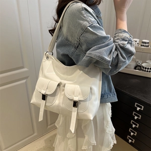 Chic white oil wax leather tote bag with dual front pockets and glossy finish for women