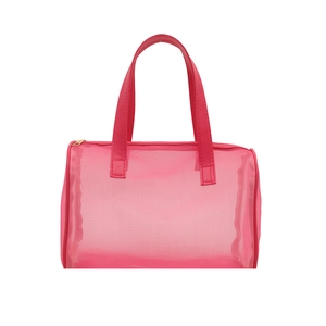 Hot pink breathable mesh cosmetic bag with PU handles and metal zipper for travel