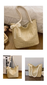 Detail of straw woven tote bag featuring a thick rope handle and a white lace bow accent