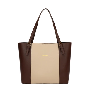 Fashionable brown and beige contrast color leather tote bag with gold hardware details
