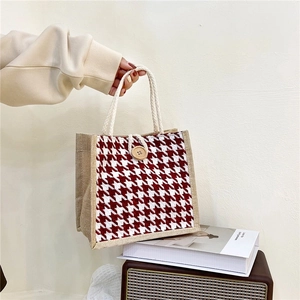 Women's Vintage Houndstooth Canvas Tote Bag Large Capacity Jute Shopping Handbag With Cotton Rope Handle And Wood Button