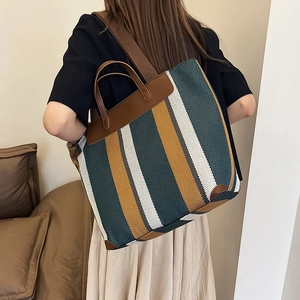 Borsa tote a righe retrò con motivo verde e giallo e manici in pelle di alta qualità
