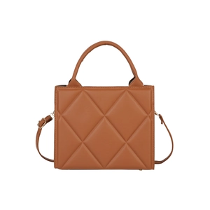 Brown quilted diamond pattern handbag with top handle and adjustable shoulder strap