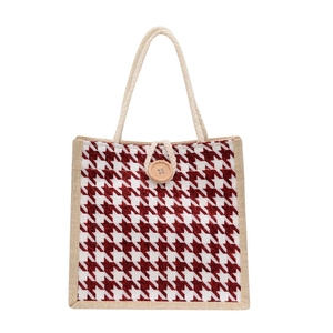 Borsa tote rossa a pied-de-poule con manici in corda di cotone e chiusura con bottone