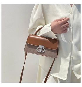 Close-up of contrast leather and woven fabric crossbody bag with silver horseshoe lock