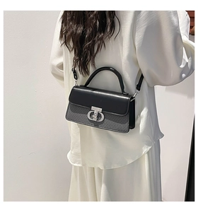 Detailed view of the contrast panel crossbody bag with silver clasp on white clothing