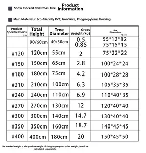 Size chart for flocked snowy Christmas tree with detailed height and diameter dimensions
