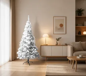 Detailed view of 1.8m-2.1m white flocked artificial Christmas tree with metal stand