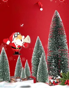 Miniature flocked cedar trees with white artificial snow and round wooden base stands