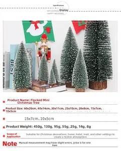 Size guide for mini flocked Christmas trees with snow texture and wooden bases