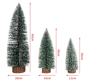 Three-piece frosted cedar Christmas trees set with size markers on wooden bases