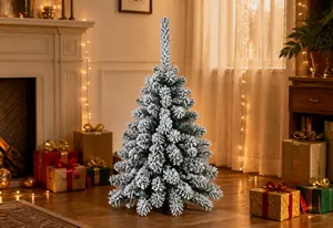 Detail of white flocked Christmas tree branches showing realistic thick snow effect and texture