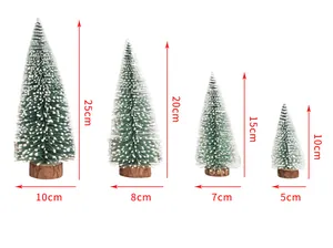 Size chart for mini flocked Christmas trees with heights ranging from 10cm to 25cm