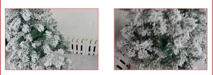 Close-up of artificial flocked Christmas tree needles with realistic white snow texture
