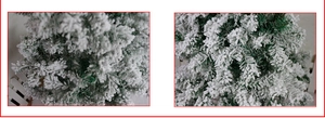 Close-up of artificial flocked Christmas tree needles with heavy white snow texture
