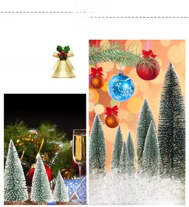 Close-up of frosted mini Christmas tree with festive gold bells and colorful ornaments