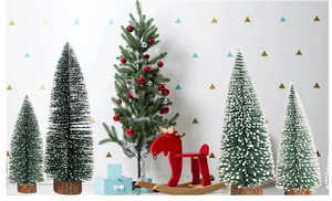 Mini cedar Christmas trees with wooden bases and reindeer decor on a white background