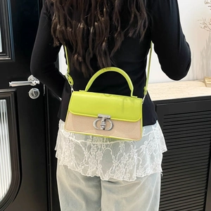 Neon green leather and beige woven crossbody bag with silver metallic clasp