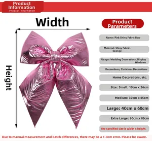 Size chart for pink glossy decorative bows showing dimensions for various event decors