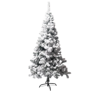 Artificial flocked Christmas tree with heavy white snow coating and metal stand