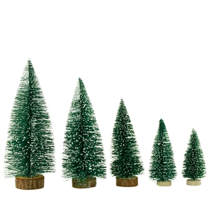 5-piece set of mini flocked Christmas trees with natural wood bases for table decor