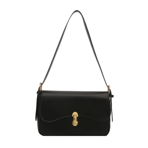 Minimalist black leather shoulder bag with vintage gold metal oval buckle and smooth finish