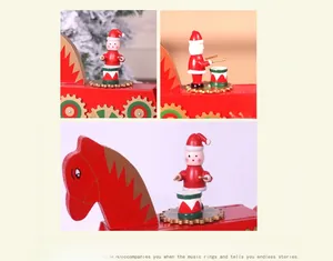 Detailed views of a wooden Christmas music box with Santa playing drums on a red base