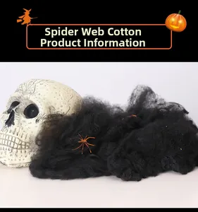 Detail of black cobweb fiber with orange plastic spiders for Halloween scene decoration