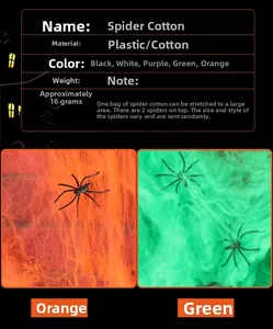 Detail showing 16g stretchable orange and green spider web with two plastic spiders