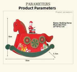 Detail view of a wooden Christmas rocking horse music box showing dimensions and patterns