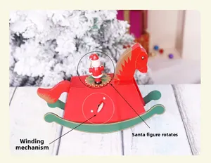 Close-up of wooden rocking horse music box with rotating Santa and clockwork mechanism