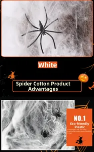 Detail of realistic white spider web fiber and black plastic spiders for Halloween decor