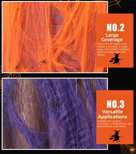 Detail of orange and purple Halloween spider webs with plastic spiders on wall