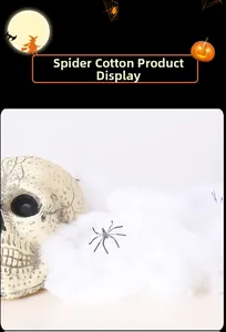 Close-up of stretchy white spider web cotton with small black plastic spiders and skull