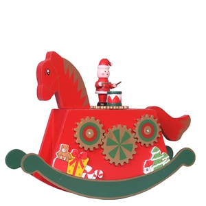Wooden Christmas rocking horse music box with Santa drummer and festive gear ornaments