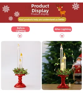 LED Weihnachtskerzen auf rotem Sockel mit Kiefernnadeln und Beerenkranz im Detail
