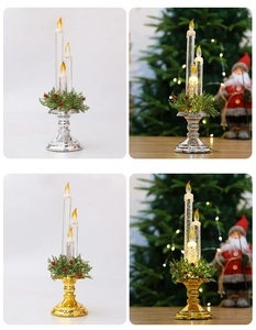 Nahaufnahme von LED-Weihnachtskerzen mit goldenem Sockel, Tannennadeln und Beeren