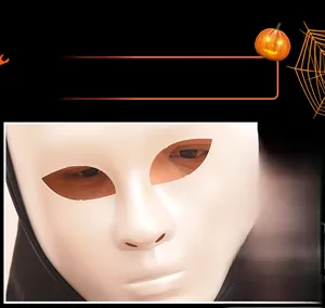 Close-up of white Halloween mask with smooth finish and precise eye cutouts on party background