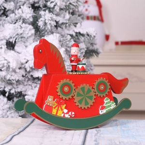 Christmas Rocking Horse Music Box Wooden Wind Up Rotating Santa Claus Ornament Traditional Tabletop Holiday Decor Gift