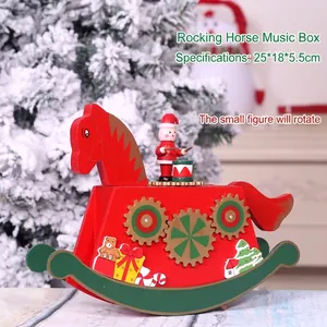 Red wooden Christmas rocking horse music box with Santa Claus and festive gears