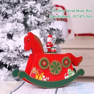Festive wooden rocking horse music box with Christmas carvings and 25x18x5.5cm dimensions