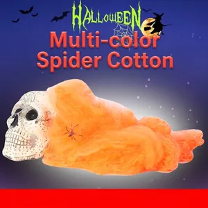 Halloween decor set with orange spider web cotton, plastic spider and realistic skull model