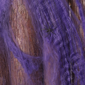Halloween purple spider web and black plastic spider prop decoration for haunted house scenery