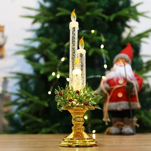 Tres velas de Navidad LED doradas con purpurina giratoria y decoración festiva de pino