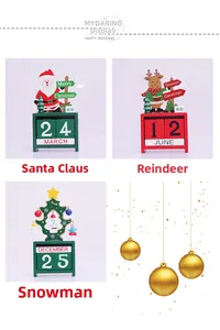 Detailed view of wooden Christmas countdown calendar featuring Santa and reindeer decor