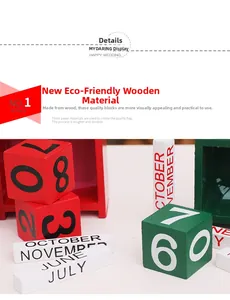 Detailed view of red and green wooden blocks showing months and numbers for calendar