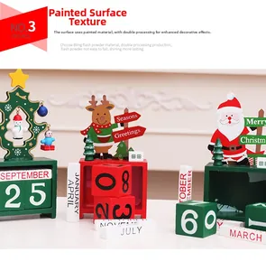 Close-up of wooden Christmas countdown calendar with Santa, reindeer and tree shapes
